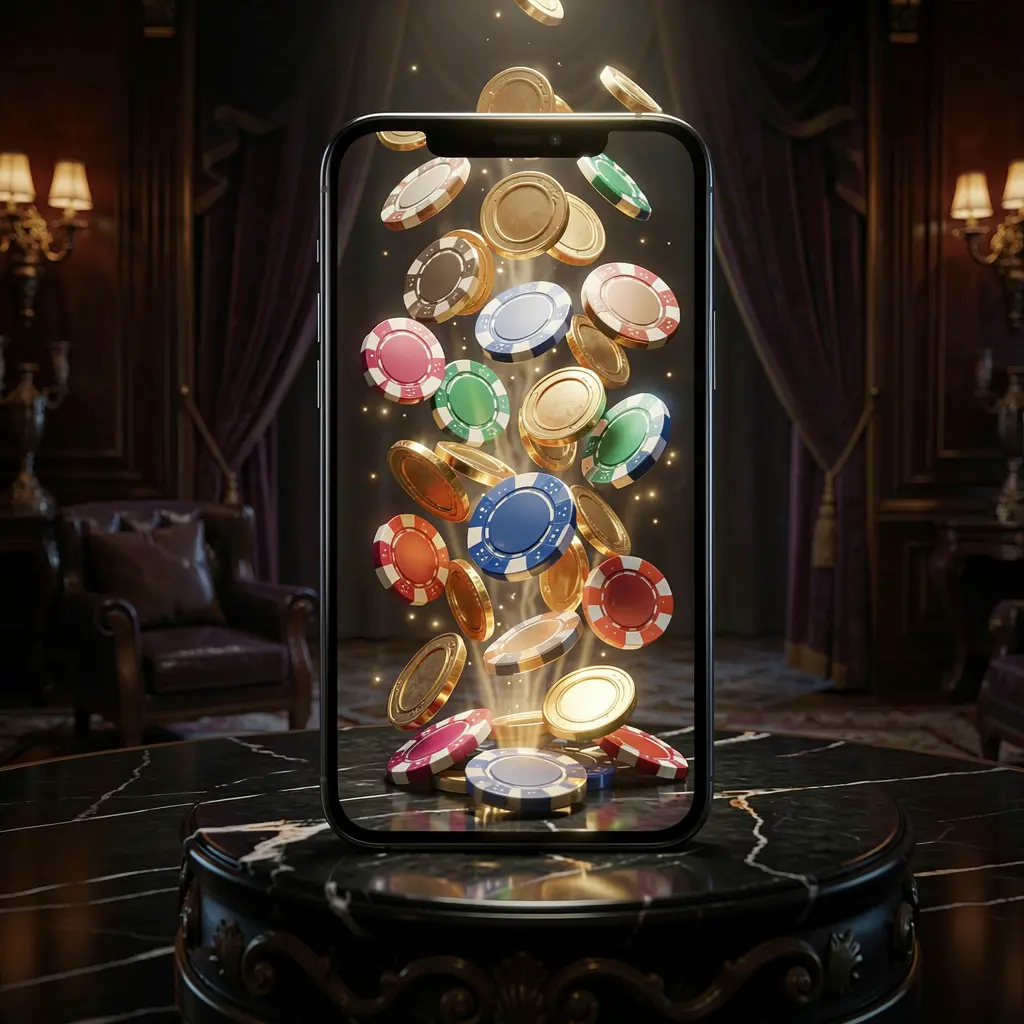 Aplicativo de jogos online VVBR exibido na tela de um smartphone com fichas e moedas de cassino brilhantes surgindo, ambientado em um fundo escuro luxuoso com iluminação cinematográfica em uma renderização 3D de alto detalhe