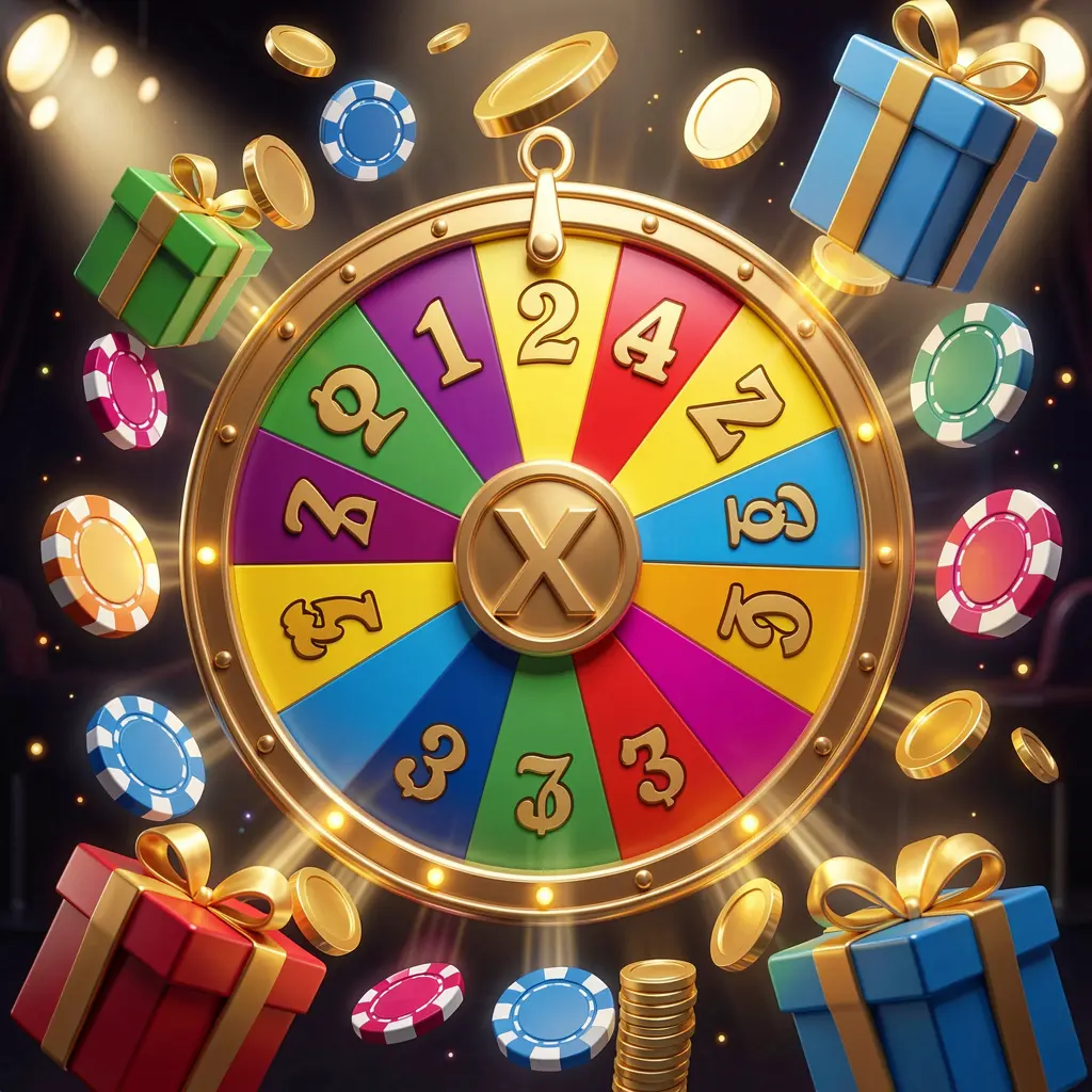 Roda de bônus do cassino online VVBR com segmentos coloridos de prêmios cercada por moedas douradas, fichas e caixas de presente, luzes brilhantes de cassino criando uma atmosfera emocionante de jackpot em um fundo escuro