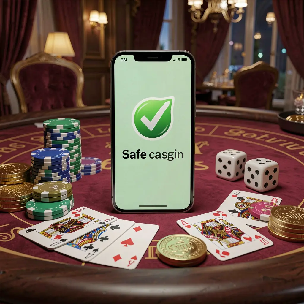 Conceito de início de sessão seguro no cassino VVBR mostrando um smartphone com ícone de marca de verificação cercado por fichas, cartas, dados e moedas douradas sobre uma elegante mesa de cassino de luxo em uma renderização 3D realista
