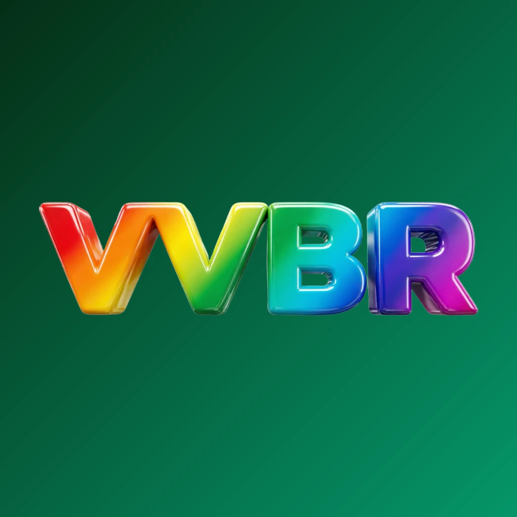Logotipo 3D VVBR chamativo com fonte grande e em negrito em um gradiente colorido de arco-íris e textura de plástico brilhante, apresentando sombras e destaques marcantes em um fundo transparente, projetado como uma marca nominativa retangular horizontal para o cabeçalho de um site