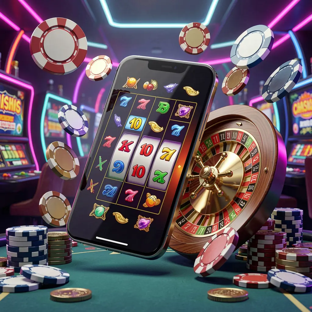 Conceito de página inicial de entretenimento do cassino VVBR apresentando um celular moderno cercado por símbolos de caça-níqueis, roda de roleta, fichas e moedas flutuando contra um fundo neon de cassino em uma renderização 3D premium